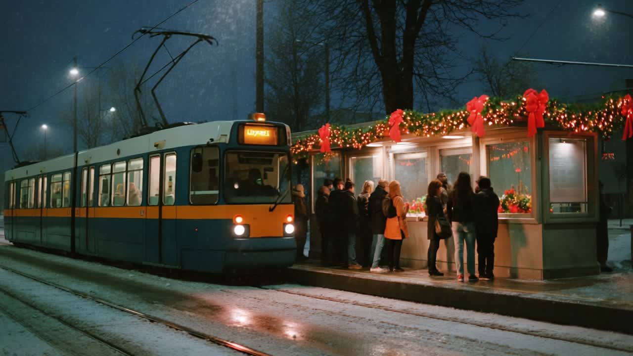 A Cozy Winter Evening Scene in a Snowy Urban Setting, Featuring a Seasonal Tram Stop Decorated with Festive Lights and Garlands, where Commuters Gather Under Soft Snowfall, Awaiting Their Ride
