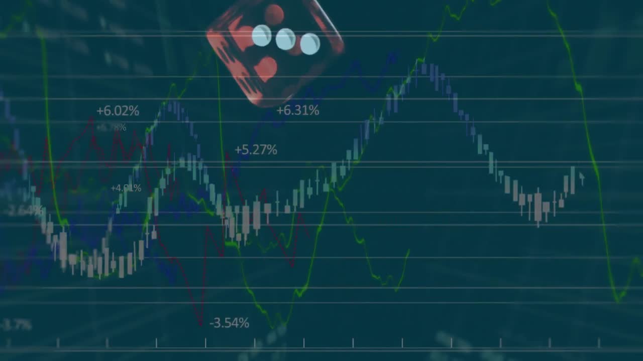 animación del procesamiento de datos financieros sobre los dados rojos que caen
