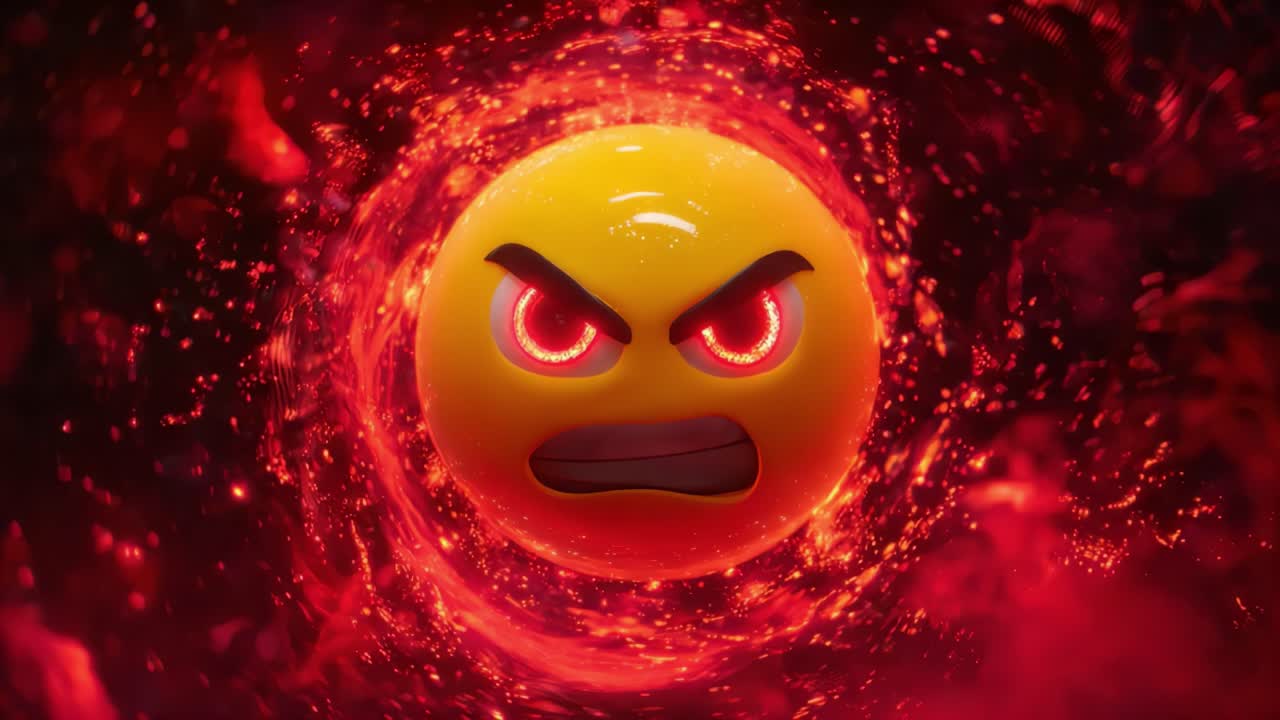 Furious Yellow Emoji in Fiery Swirl, Capturing the Intensity of Anger with Glowing Red Eyes and an Unyielding Expression in a Visual Display of Emotions and Energy