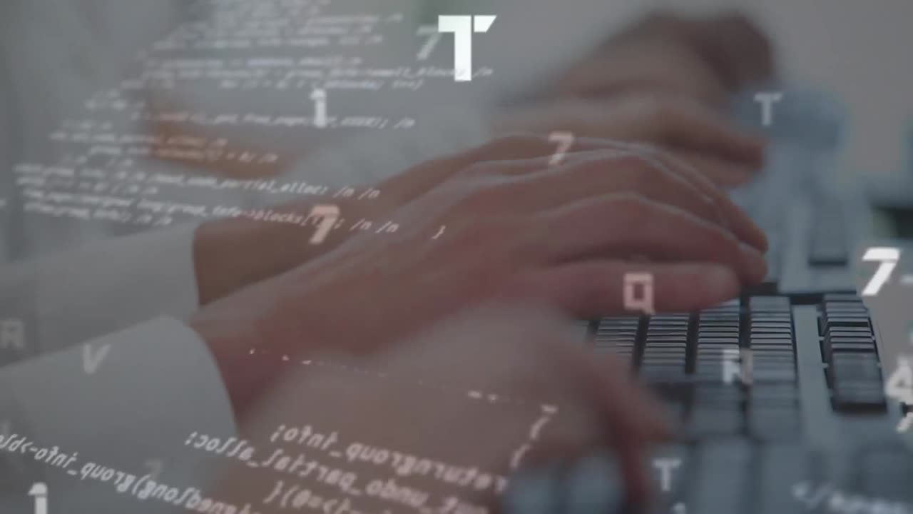 키보드에 입력하는 사람에 대해 여러 번 변하는 숫자와 알파 ⁇ 의 디지털 애니메이션