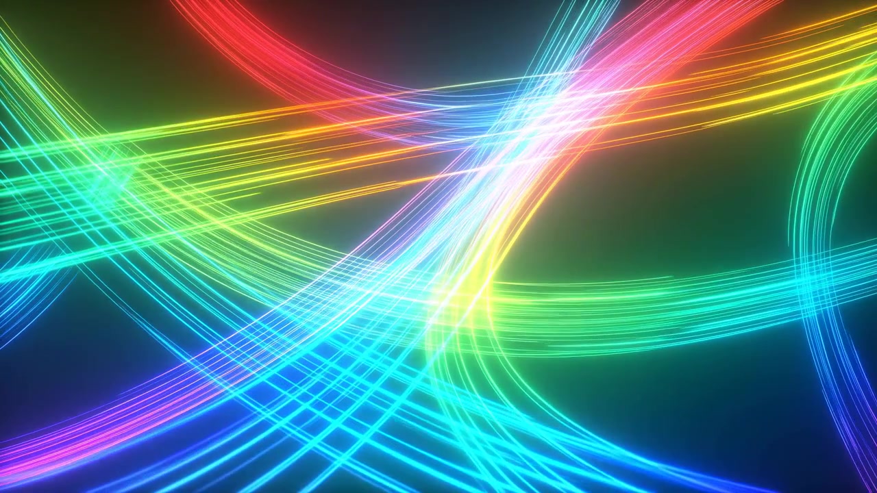 Strisce neon multicolori scorrono in curve diagonali a strati su uno sfondo scuro sfumato, con bagliori ciano, blu, verde, giallo, arancione, rosa e rosso, un centro luminoso, un bagliore morbido e un alto contrasto.