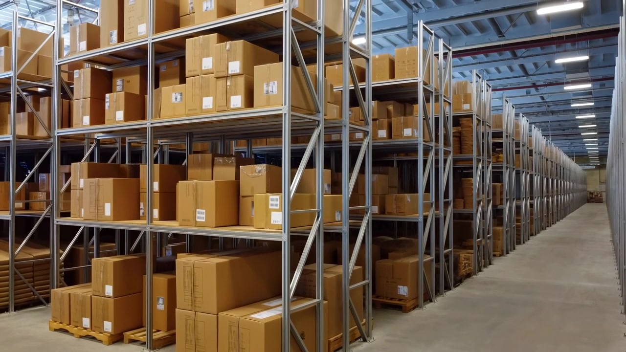 Vista ampla de um corredor de armazém limpo com estantes metálicas altas, caixas de papelão empilhadas e paletes em um espaço de armazenamento industrial organizado sob iluminação fria.