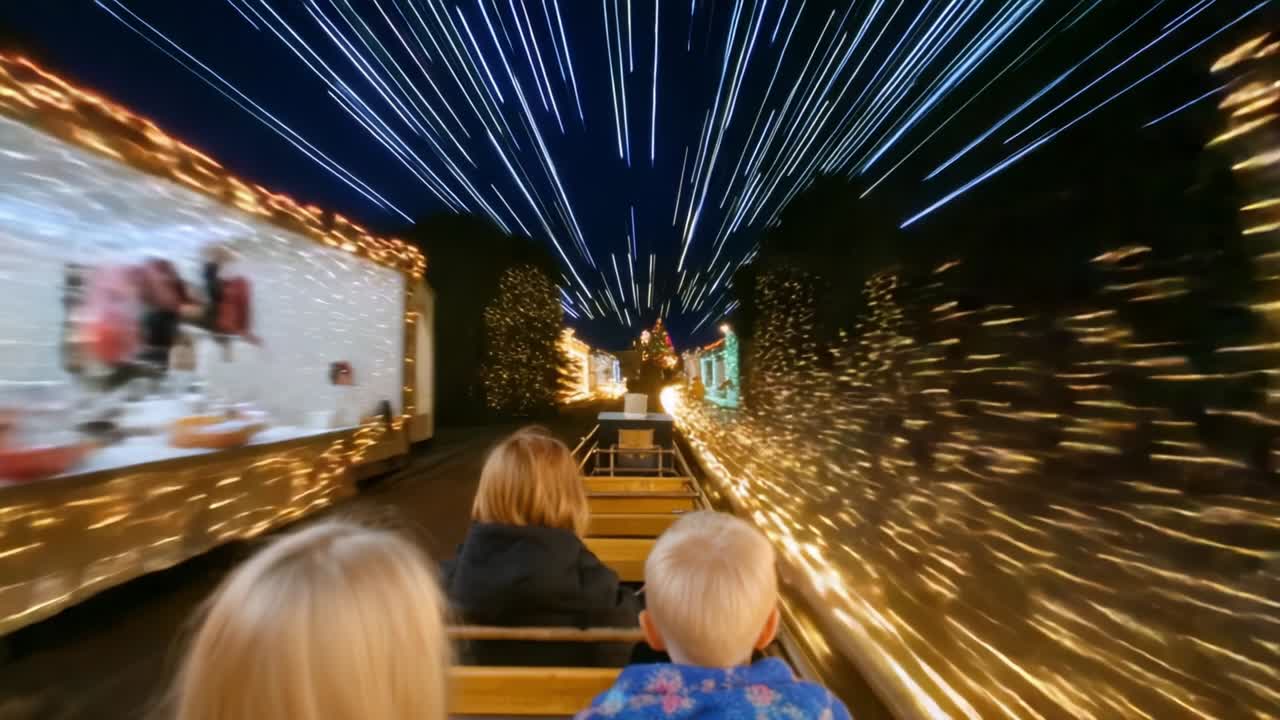 Experience the Joy of a Magical Train Ride Through a Dazzling Light Display, as Children Gaze in Wonder at the Spectacular Illumination and Colorful Decorations Surrounding Them