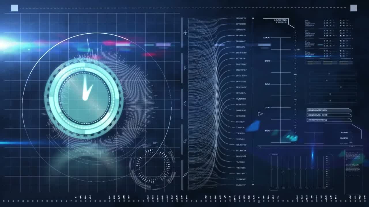 화면에서 빠르게 움직이는 시계와 데이터 처리의 애니메이션