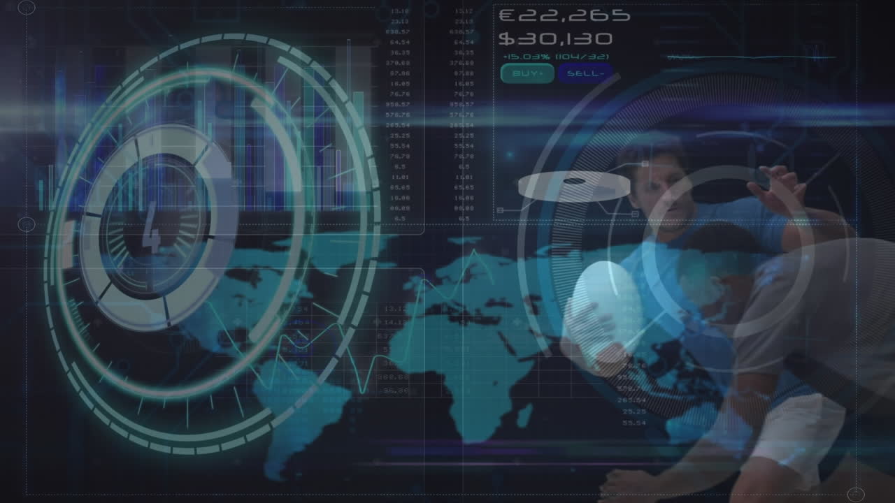 animación del mapa del mundo y patrones circulares sobre jugadores multirraciales jugando rugby