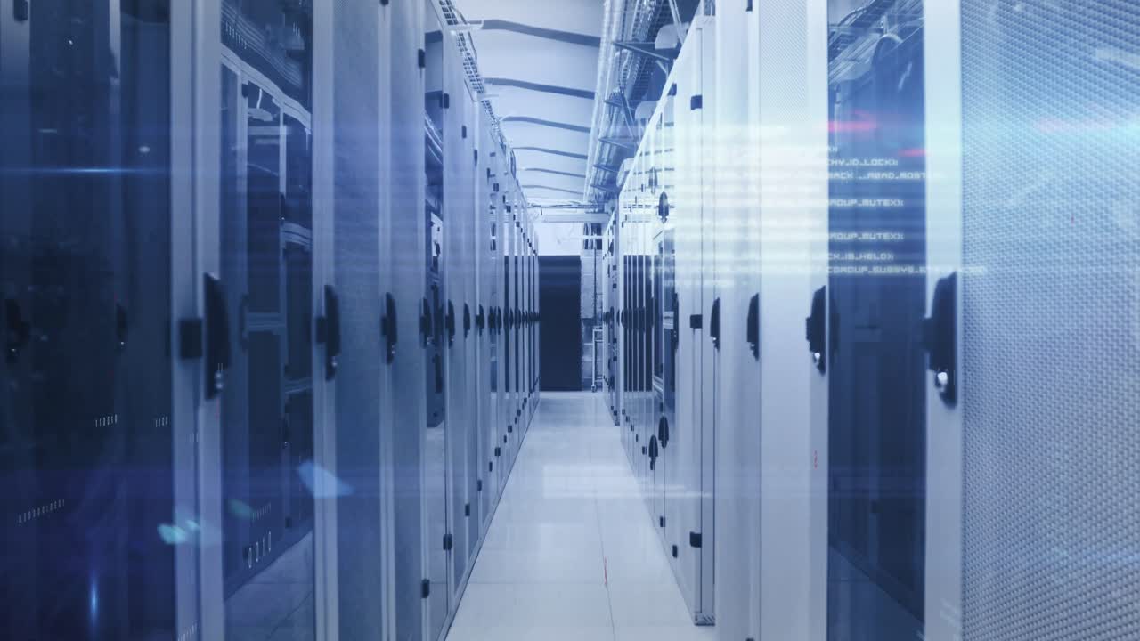 Animation of data processing, mathematical symbols and light spots against computer server room