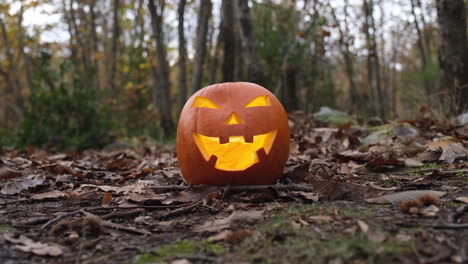 Gruseliger-Halloween-Kürbis,-Der-Im-Wald-Leuchtet