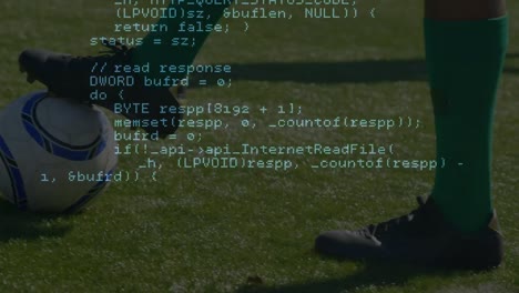 Datenverarbeitung-Gegen-Den-Unteren-Teil-Eines-Männlichen-Fußballspielers-Mit-Fußball-Auf-Dem-Sportplatz
