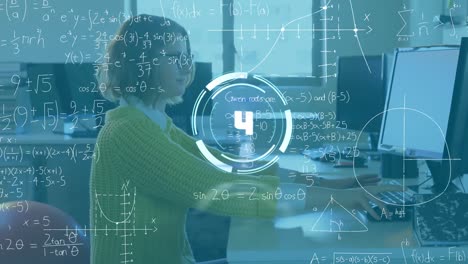 Animation-of-clock-and-mathematical-formulas-over-businesswoman-using-computer