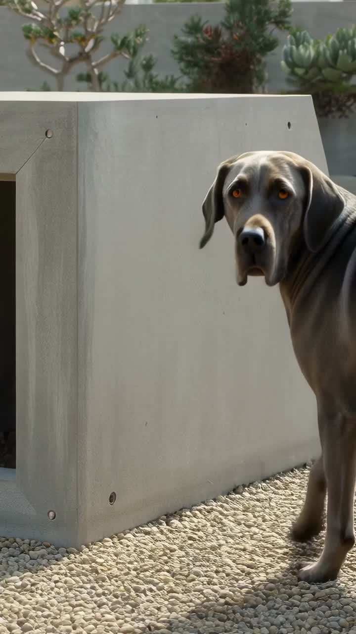 Vertical video: Spotting concrete opening gray dog stepping to inspect on patio, copy space