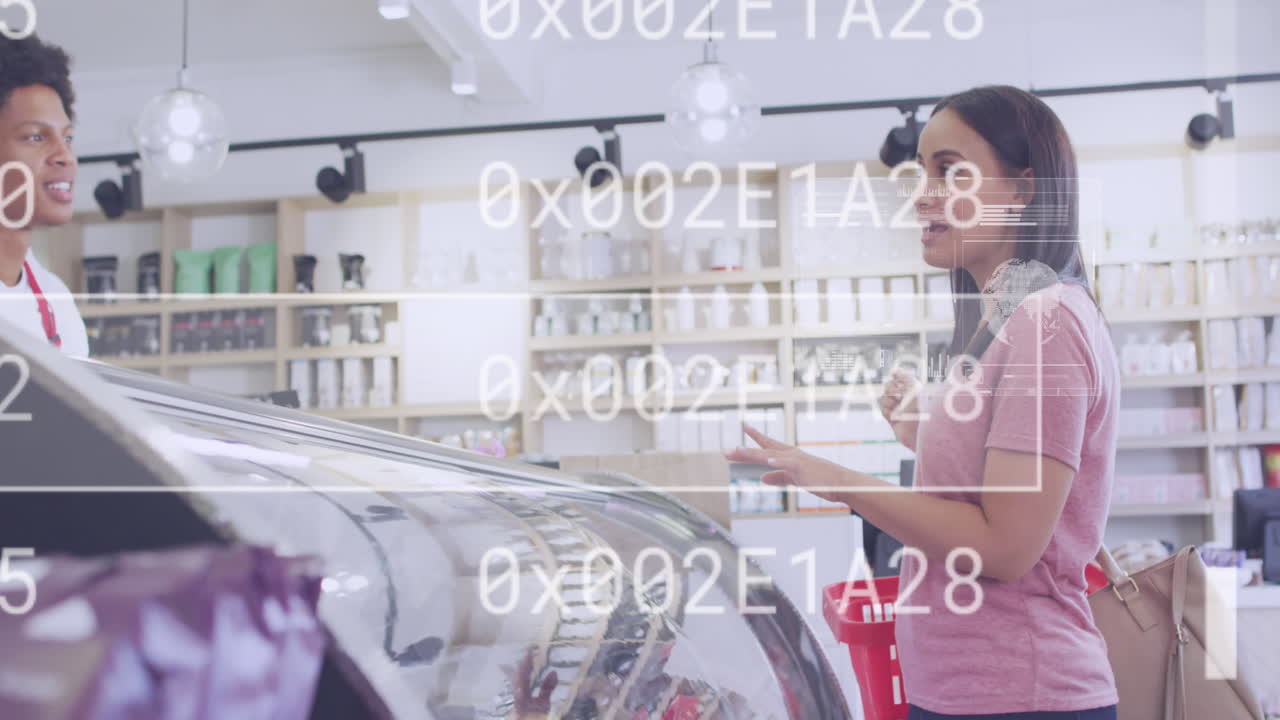 다양한 상점 직원과 고객의 대화를 통해 데이터 처리의 애니메이션