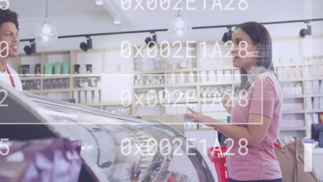 animación del procesamiento de datos a través de diversos asistentes de tienda y clientes hablando