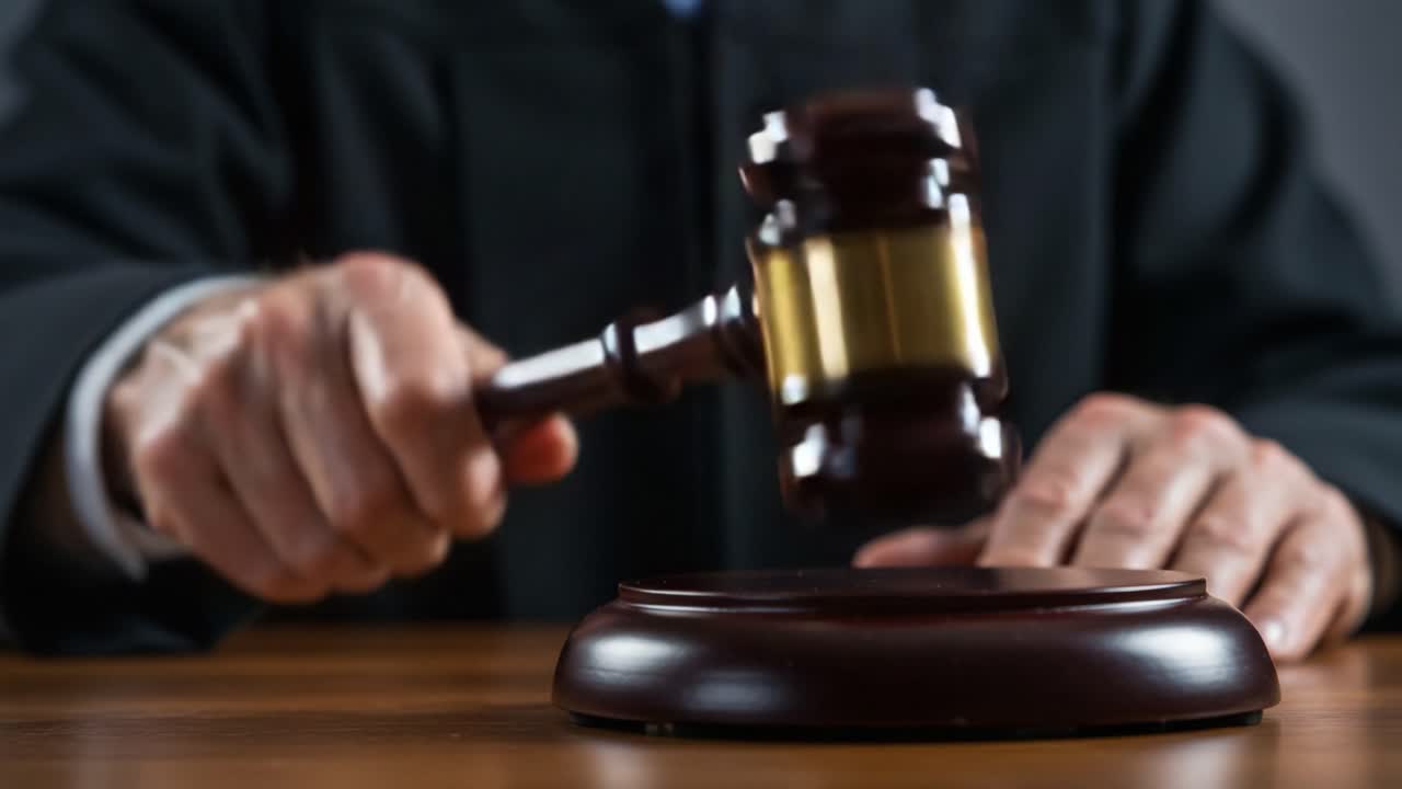 A Judge's Decision in Action: Capturing the Moment of Justice as a Gavel Strikes the Sounding Block in a Courtroom Setting, Signifying Authority and Legal Proceedings