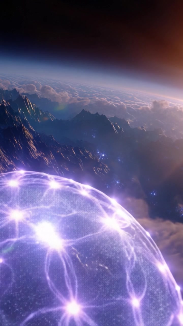 A stunning view of a cosmic landscape featuring ethereal light patterns and majestic mountains under the vastness of space, captured in a breathtaking moment.