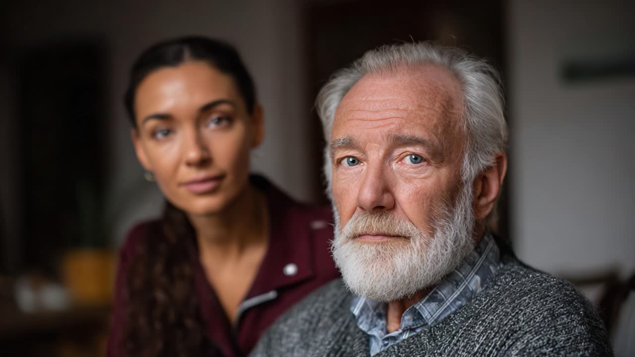 An intimate moment between an elderly man and a young woman showcases deep emotions, highlighting connections across generations in a shared environment