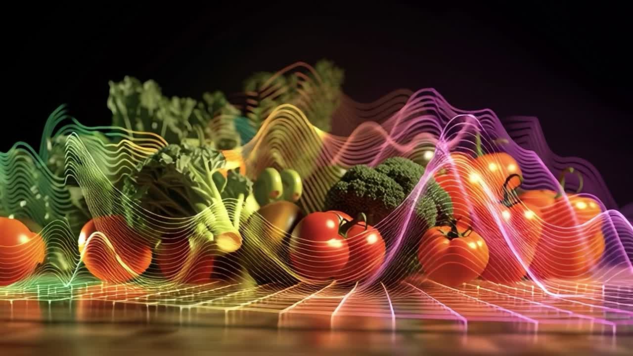 Composizione colorata di verdure fresche con un vivace design a onde sonore.