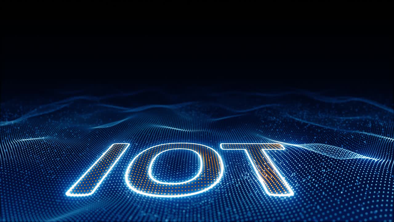 Motion graphic of Blue glowing particle wave with orange IOT logo futuristic technology on abstract background seamless loop video