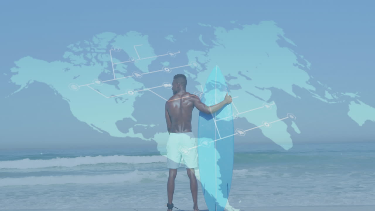 해변에서 서핑 보드를 들고 있는 아프리카계 미국인 남자의 뒷면 세계 지도의 애니메이션