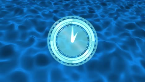 Animation-of-clock-moving-fast-over-blue-liquid-background