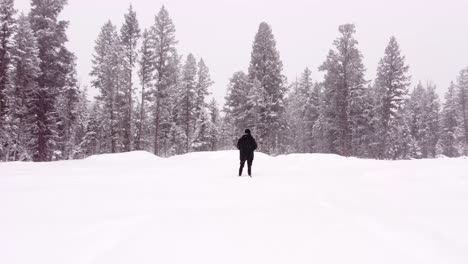 aerial view of man walking in snow while holding a remote controller