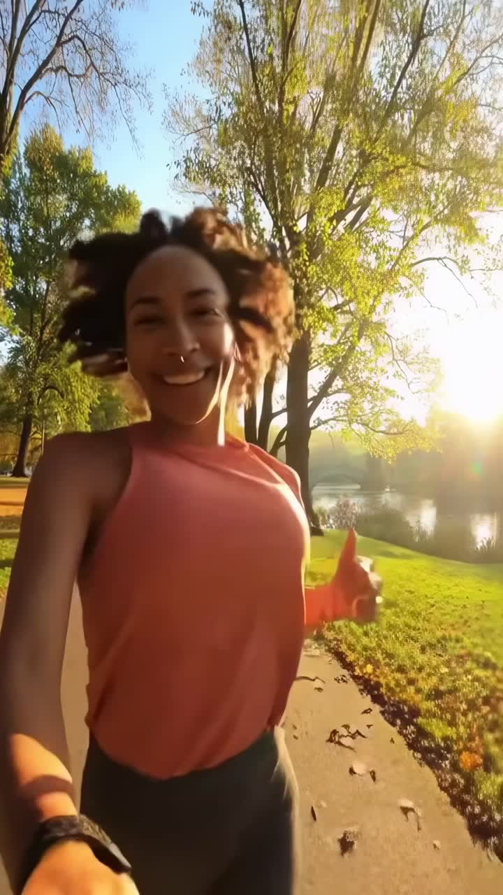 Video POV di una donna felice che fa jogging in un parco, ripreso con un obiettivo grandangolare al tramonto