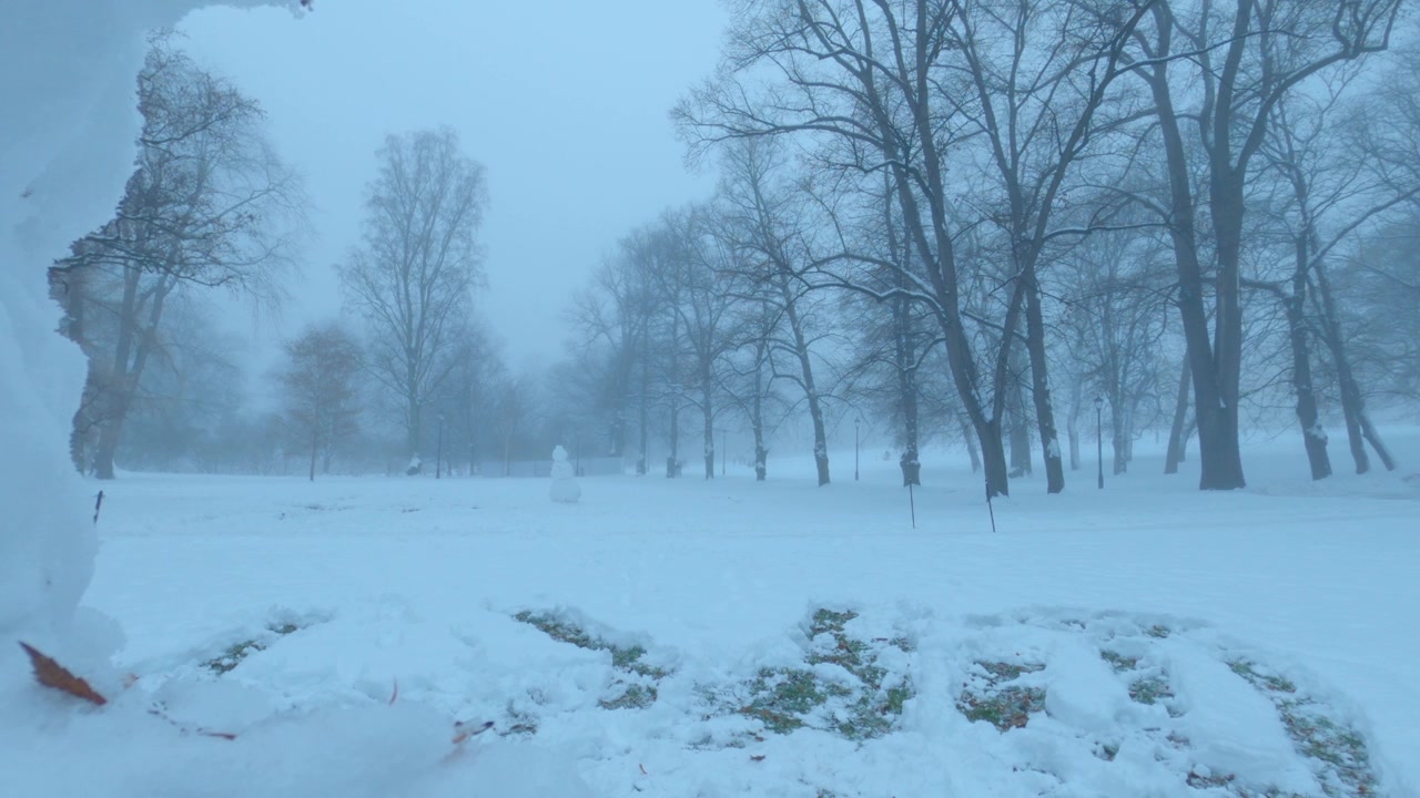 Snemand står i en sneklædt park under en vinterstorm i Oslo, Norge