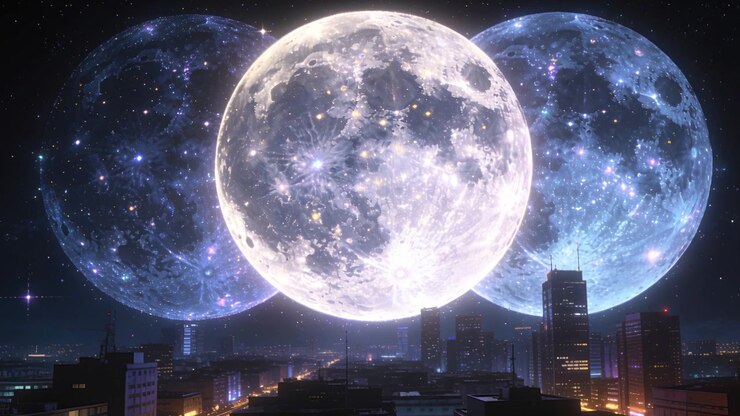 Brightening central moon causing glowing stars and sparkles above night cityscape with three moons