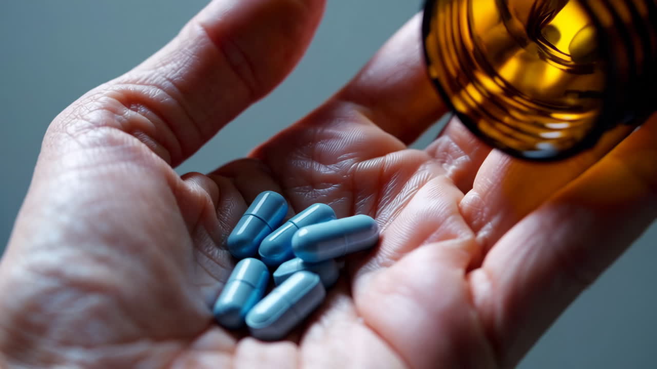 Hand holding blue pills pouring out from a bottle