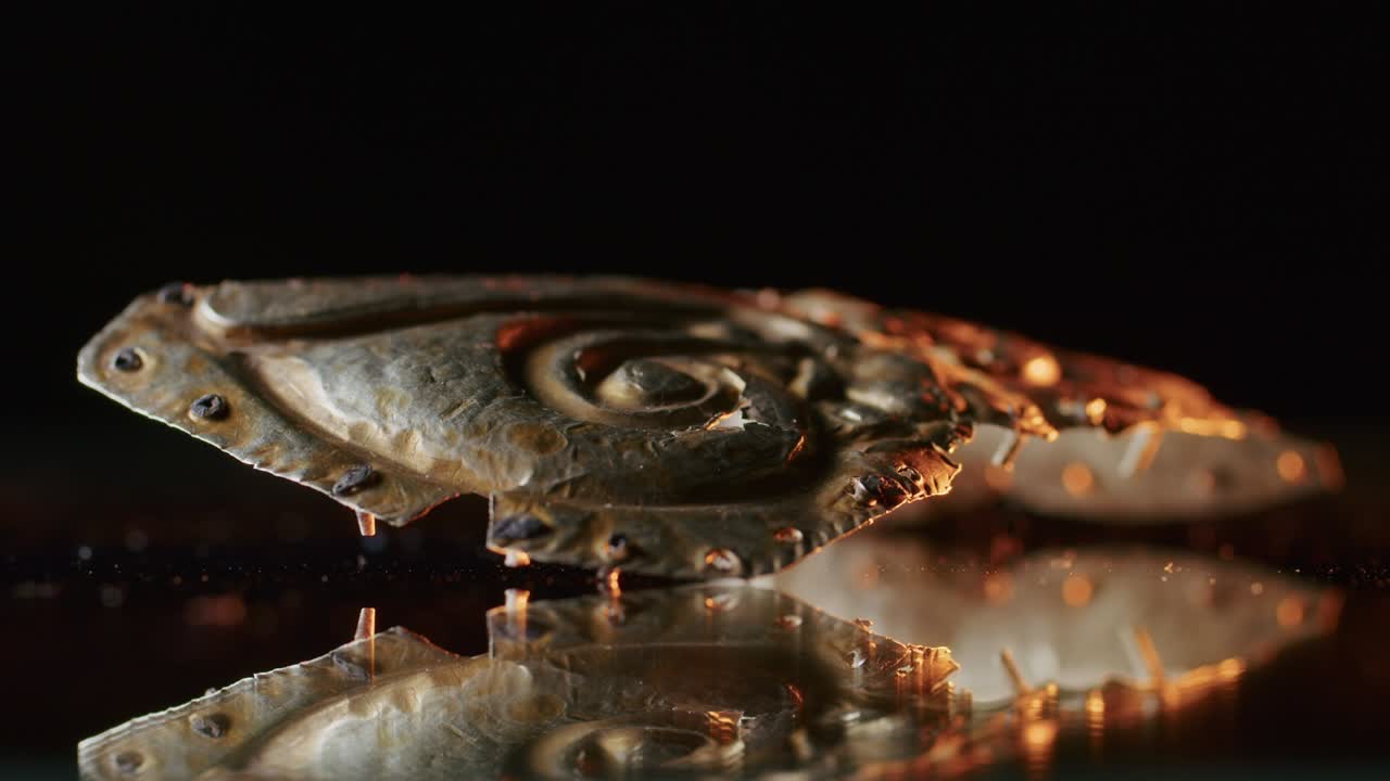 Una spilla d'oro di una sacerdotessa scita di 2000 anni, un vecchio orecchino, un arcolaio, trovati durante gli scavi. Gioielli vintage. Religione. Primo piano