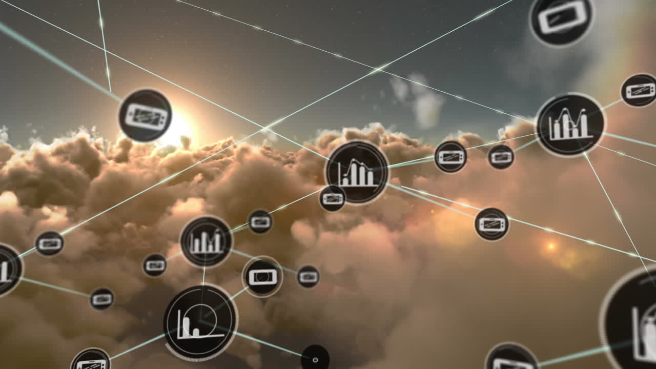 하늘 위의 아이콘으로 연결 네트워크의 애니메이션