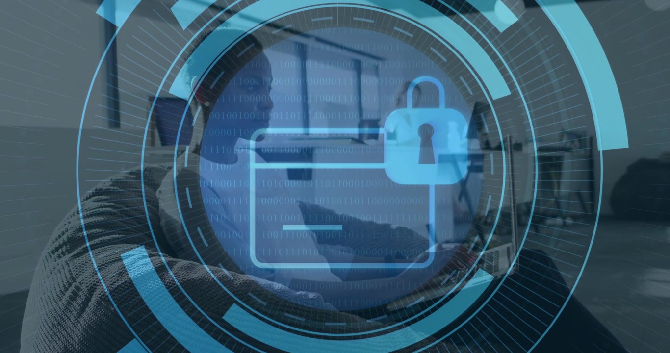 Foreground woman typing on laptop initiating HUD rings and padlock securing corporate data access