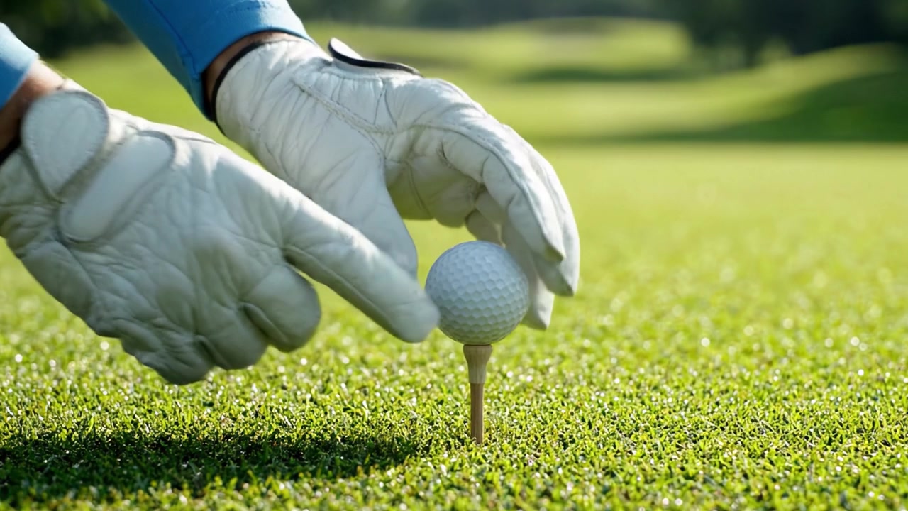 Preparazione per il colpo perfetto di golf: un primo piano di un golfista che posiziona la palla sul tee su un bellissimo campo verde.