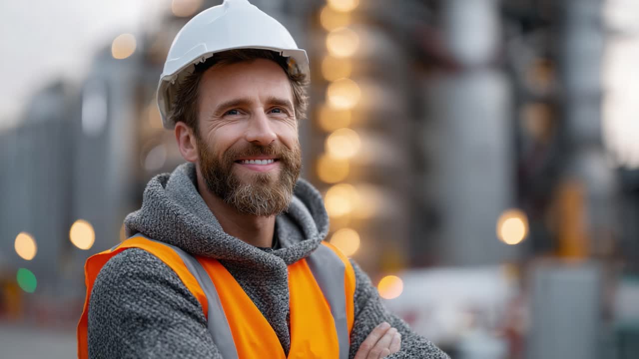 Confident Construction Worker Smiling in Safety Gear Amidst Industrial Background, Representing Dedication and Professionalism in the Field