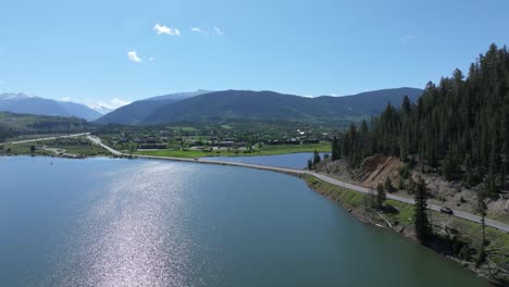 Bridge-over-lake-and-beautiful-mountain-landscape-of-Colorado,-USA