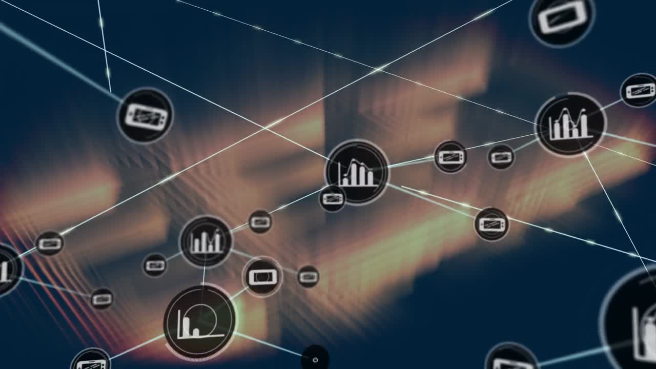 animación de una red de iconos digitales sobre rastros de luz marrón contra un fondo negro.