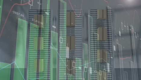 Animation-of-statistics-processing-over-cardboard-boxes-on-conveyor-belts-in-background