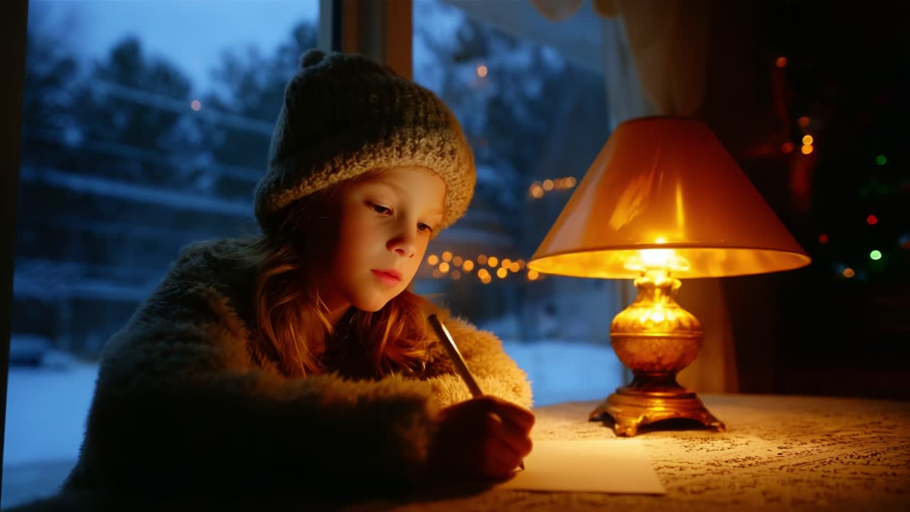 A Cozy Winter Evening: A Young Child Diligently Writing Near a Warm Lamp, Captured in Two Frames – The Comfort of Home and the Joy of Creativity Emerge in the Soft Glow of the Room