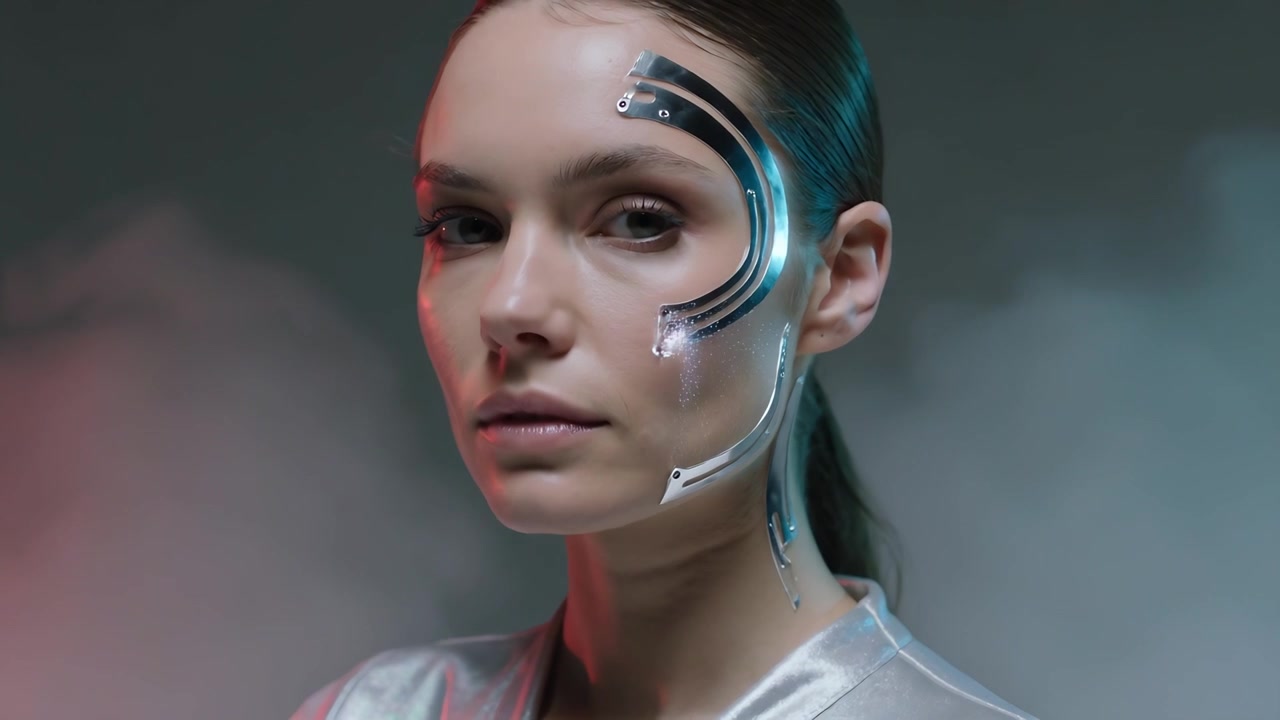 Turning model with hair pulled back meeting camera in studio, showing metallic garment, prosthetics