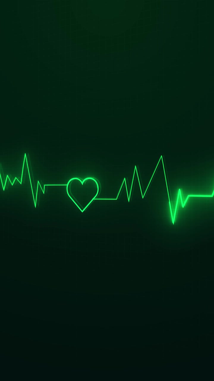 Sfondo medico con linea verde del battito cardiaco, impulso ECG luminoso, icona del cuore e monitor della salute scuro