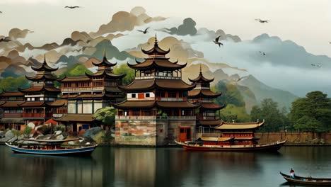historic riverside village with traditional architecture at sunset
