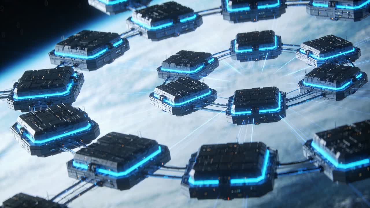 Ring-like modular platforms orbiting above clouded planet, linking with cyan beams and trusses