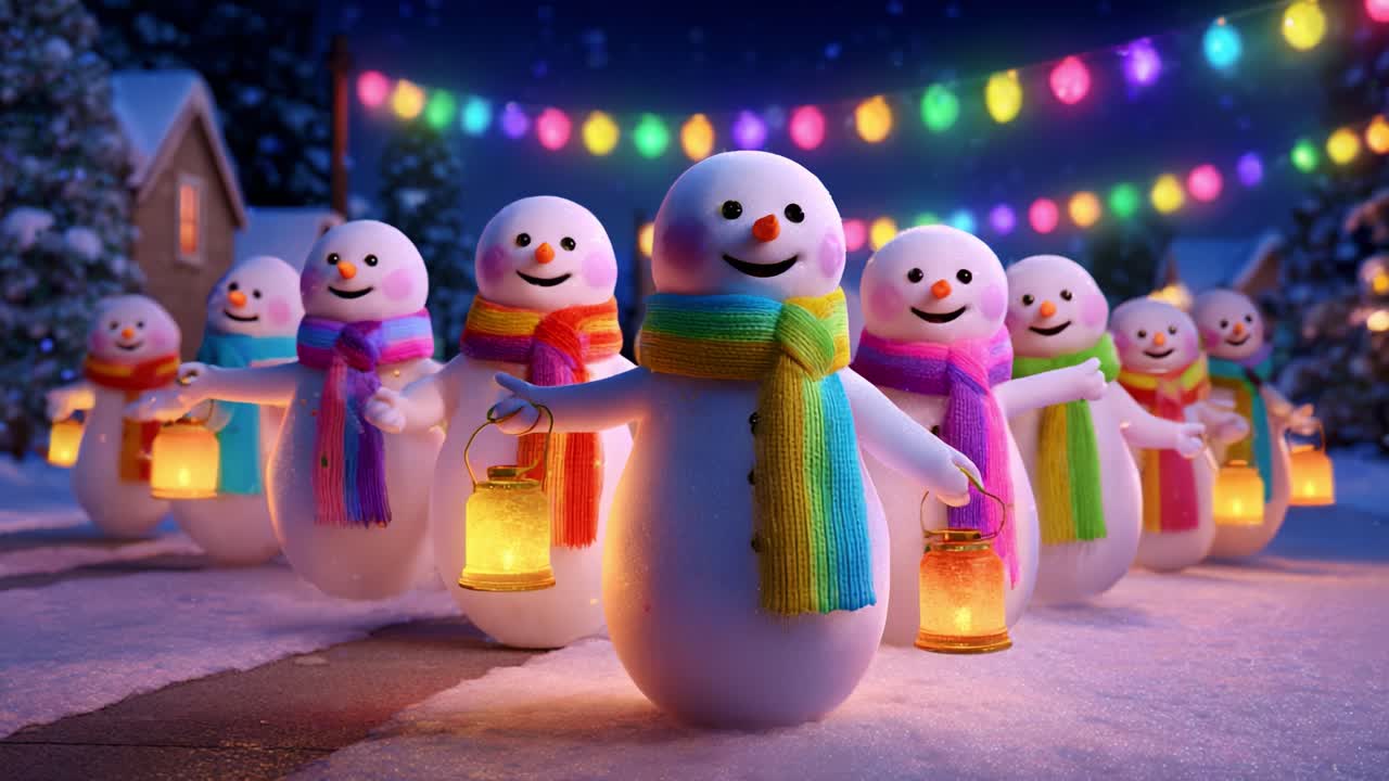 A festive gathering of cheerful snowmen, adorned with colorful scarves, illuminated by glowing lanterns under bright holiday lights, creating a magical winter wonderland atmosphere in cheerful celebration