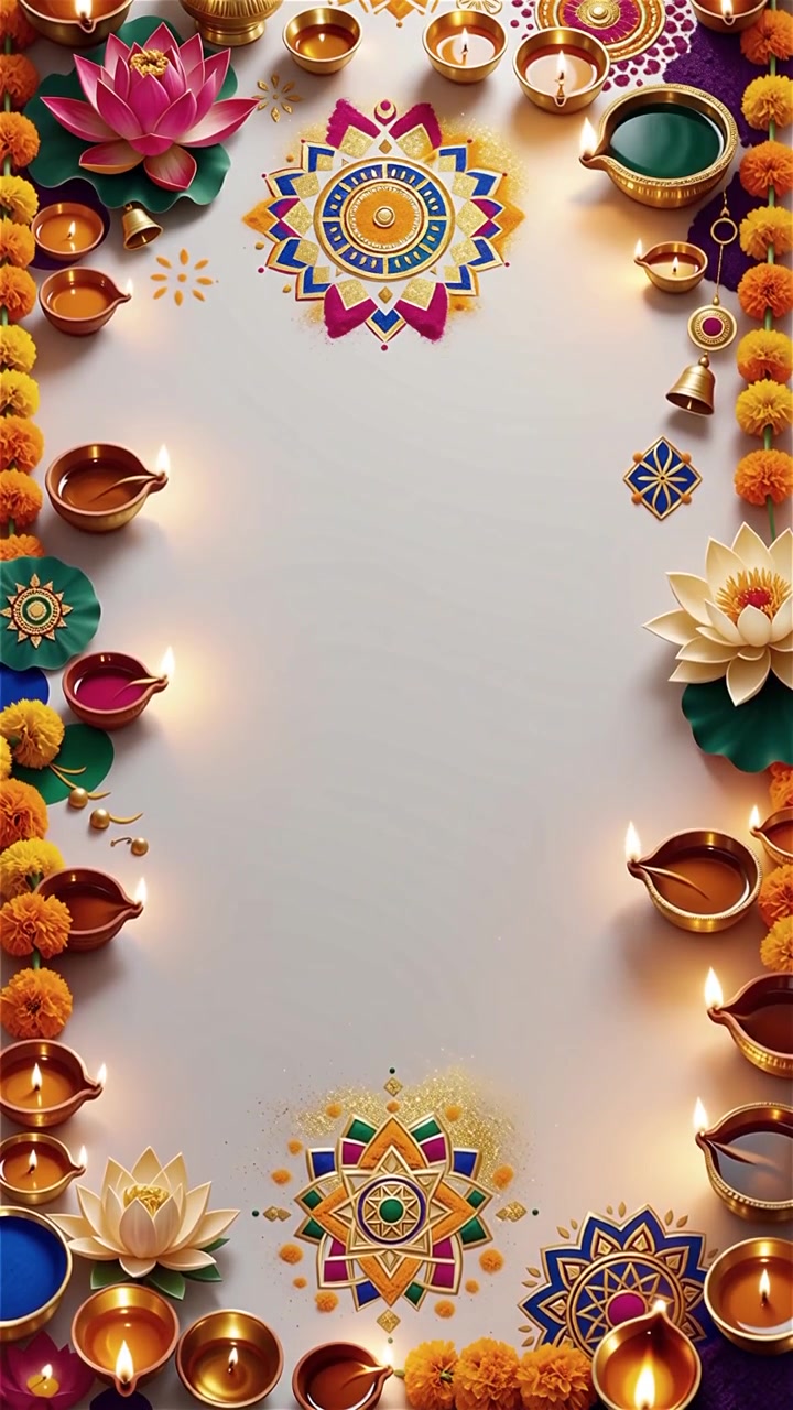 Sfondo Diwali con Diyas luminosi, Rangoli e fiori di loto