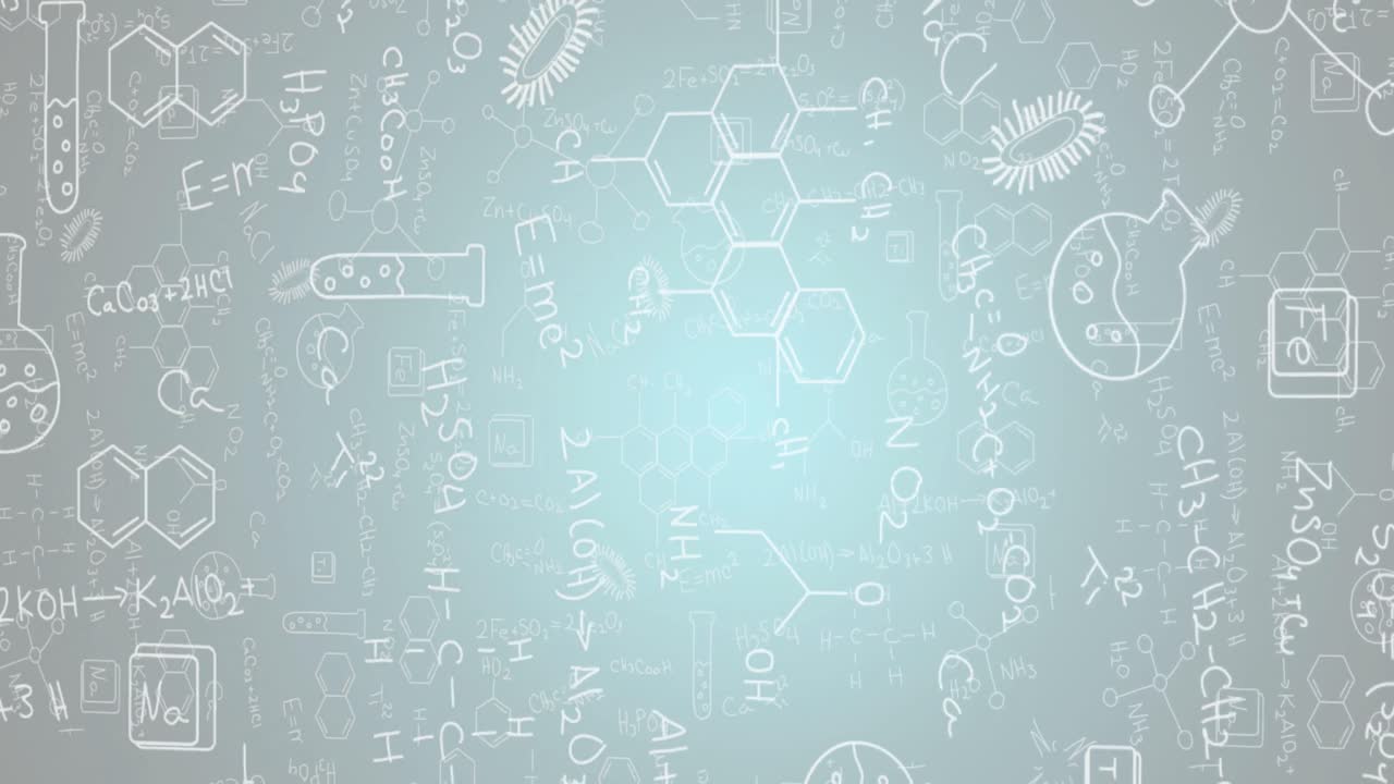 Animation of mathematical equations and science concept icons against blue gradient background
