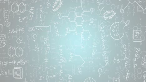 animación de ecuaciones matemáticas y iconos de conceptos científicos contra un fondo de gradiente azul.
