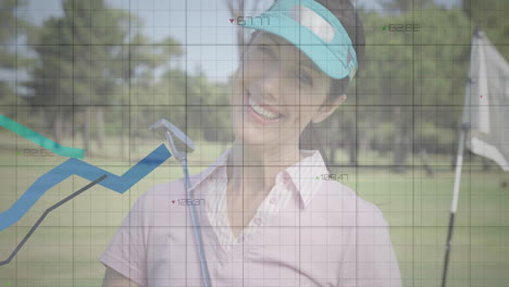 animación de procesamiento de datos digitales sobre una jugadora de golf caucásica en un campo de golf