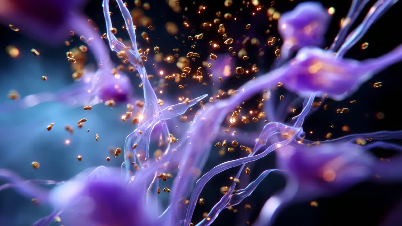 An Intricate Visualization of Microscopic Cellular Structures and Particle Interactions, Showcasing the Dynamic Flow and Connectivity Between Purple Nerve Fibers and Glowing Particles in an Enigmatic Background