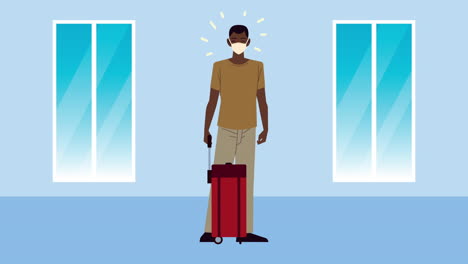 man with mask and suitcase