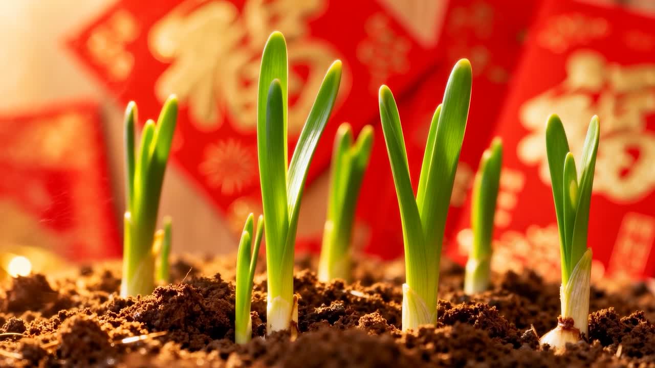 植木鉢の土の中で伸びる芽が、暖かい光を求めて窓辺で伸びている様子、球根の根元、赤いカード