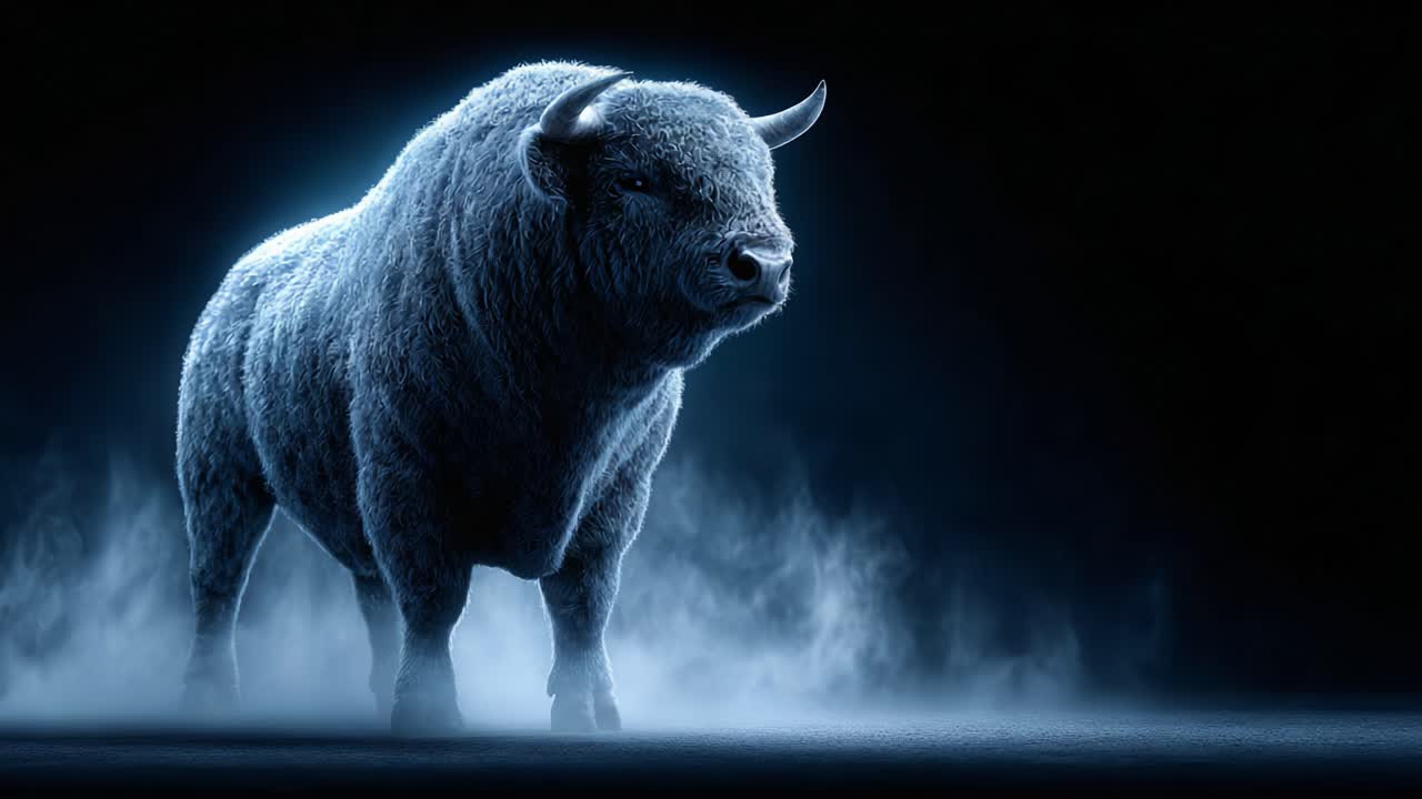 A Majestic Bull Stands Proudly Amidst a Mysterious Fog, Exuding Strength and Presence in an Ethereal Glow, Capturing the Essence of Nature's Power and Beauty